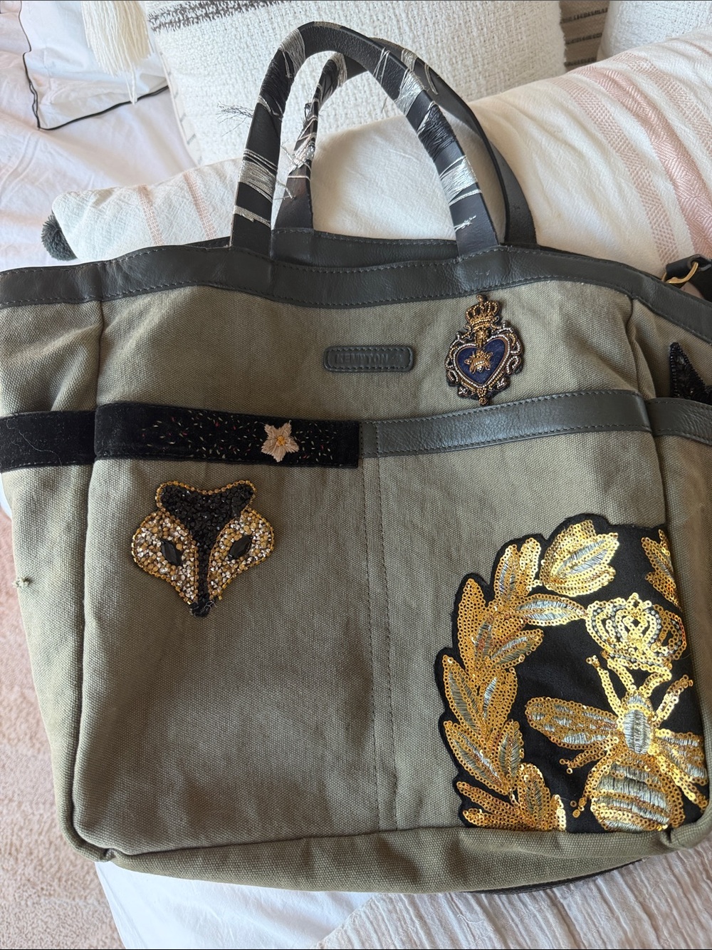 Kempton and Co Olive Canvas Tote with Gold Sequin Embellishments